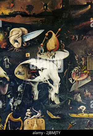 'Enfer', 'le jardin des délices terrestres'. Détail de l'aile droite du triptyque. Peinture par Hieronymus Bosch. Madrid, Prado. Banque D'Images