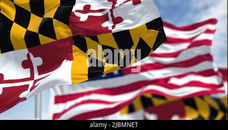 Le drapeau de l'État du Maryland agité avec le drapeau national des États-Unis d'Amérique. En arrière-plan, il y a un ciel clair. Le Maryland est un STA Banque D'Images