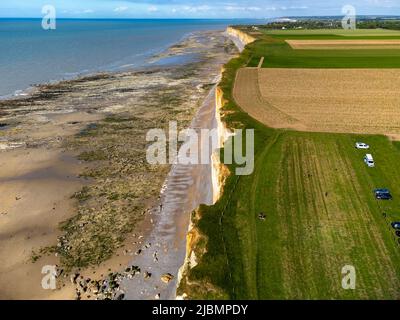 Vue aérienne sur les falaises blanches de halk, les champs verts du pays de Caux et l'eau de l'océan Atlantique près du petit village de Veules-les-Roses, Normandie, France. Visite Banque D'Images