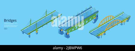 Ponts isométriques affiche avec construction d'architecture avec route de voiture au-dessus de la rivière, la baie ou le canal. Bannière horizontale vectorielle avec viaduc, autoroutes Illustration de Vecteur