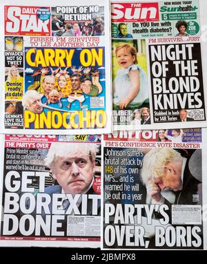 7 juin 2022. Une sélection de titres de journaux après que Boris Johnson survive à un vote de défiance. Banque D'Images