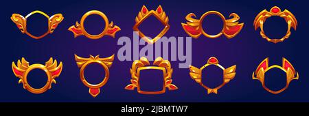 Cadres d'avatar doré, badges de récompense de jeu isolés en arrière-plan. Ensemble de dessins animés vectoriels de réalisations vides avec des bordures dorées décoratives Illustration de Vecteur