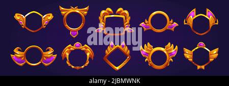 Médailles d'or, cadres décoratifs d'avatar de jeu isolés sur l'arrière-plan. Ensemble de dessins animés vectoriels d'étiquettes vides avec des bordures dorées de formes différentes, wi Illustration de Vecteur