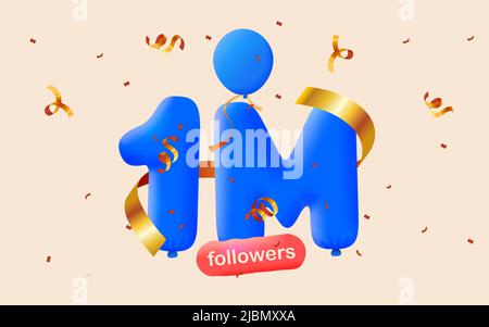 Bannière avec 1M abonnés merci sous forme de 3D ballons bleus et confetti colorés. Illustration vectorielle 3D numéros pour les médias sociaux 1000000 abonnés Merci, Blogger célébrant les abonnés, aime Illustration de Vecteur