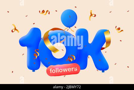 Bannière avec 10K disciples merci dans la forme 3D ballons bleus et confetti colorés. Illustration vectorielle 3D numéros pour les médias sociaux 10000 abonnés Merci, Blogger célébrant les abonnés, aime Illustration de Vecteur