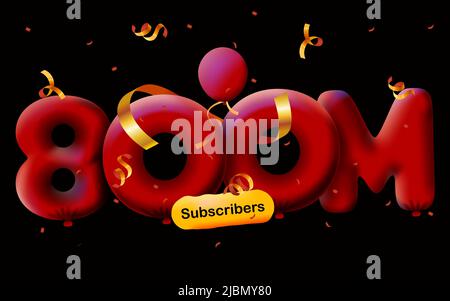 Bannière avec 800m abonnés merci 3D ballons rouges et confetti colorés. Illustration vectorielle 3D numéros pour les médias sociaux 800000000 abonnés Merci, Blogger célébrant les abonnés, aime Illustration de Vecteur