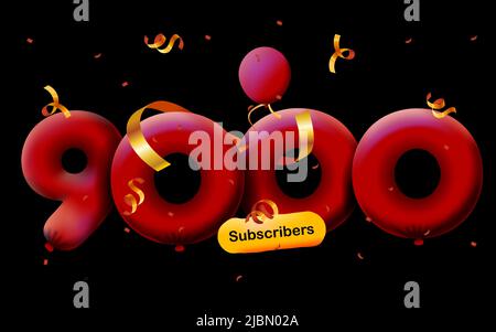 Bannière avec 9K abonnés merci sous forme de 3D ballons rouges et confetti colorés. Illustration vectorielle 3D numéros pour les médias sociaux 9000 abonnés Merci, Blogger célébrant les abonnés, aime Illustration de Vecteur