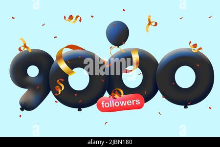 Bannière avec 9K abonnés merci sous forme de 3D ballons noirs et confetti colorés. Illustration vectorielle 3D numéros pour les médias sociaux 9000 abonnés Merci, Blogger célébrant les abonnés, aime Illustration de Vecteur