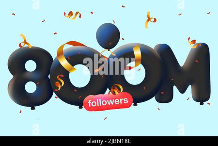 Bannière avec 800m disciples merci 3D ballons noirs et confetti colorés. Illustration vectorielle 3D numéros pour les médias sociaux 800000000 abonnés Merci, Blogger célébrant les abonnés, aime Illustration de Vecteur