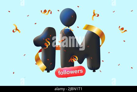 Bannière avec 1M abonnés merci sous forme de 3D ballons noirs et confetti colorés. Illustration vectorielle 3D numéros pour les médias sociaux 1000000 abonnés Merci, Blogger célébrant les abonnés, aime Illustration de Vecteur