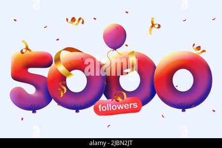 Bannière avec 5K abonnés merci sous forme de 3D ballons rouges et confetti colorés. Illustration vectorielle 3D numéros pour les médias sociaux 5000 abonnés Merci, Blogger célébrant les abonnés, aime Illustration de Vecteur