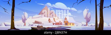 Paysage d'hiver avec montagne, maisons et neige blanche. Illustration vectorielle de village avec des chalets sur les contreforts du volcan endormi, la route et Illustration de Vecteur