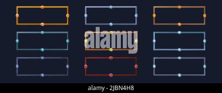 Cadres rectangulaires pour l'avatar de l'utilisateur du jeu. Ensemble de dessins animés vectoriels de cadres vides d'or, d'argent, d'acier, de bois et de pierre avec des cristaux et des pierres isol Illustration de Vecteur