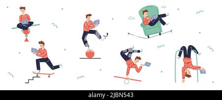 L'homme travaille sur un ordinateur portable et maintient l'équilibre dans différentes poses. Illustration vectorielle à plat de la main d'œuvre sur la balançoire de mer, suspendue à l'envers et roulant Illustration de Vecteur