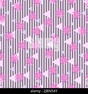 Motif fleuri vectoriel tendance sans couture orné de fleurs abstraites, de rayures et de formes triangles. Répéter l'arrière-plan de texture pour l'impression de surface Illustration de Vecteur