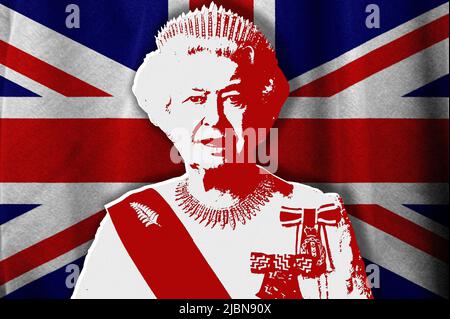 La reine Elizabeth II et le drapeau britannique Banque D'Images