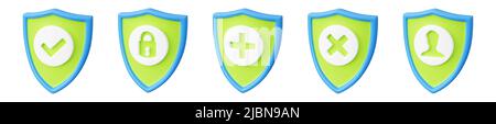 Kit de rendu Shield 3D - écrans bleus et verts avec différents signes pour le concept de protection des données personnelles des utilisateurs. Banque D'Images