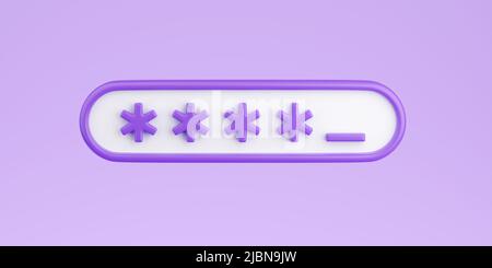 Rendu du champ de mot de passe verrouillé 3D - zone de saisie avec des astérisques pour le mot de passe ou le code PIN isolé sur fond violet. Banque D'Images