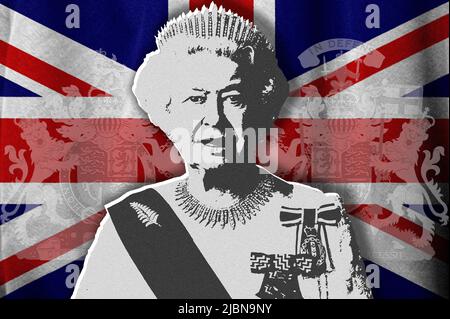 Reine Elizabeth II, armoiries et drapeau du Royaume-Uni Banque D'Images