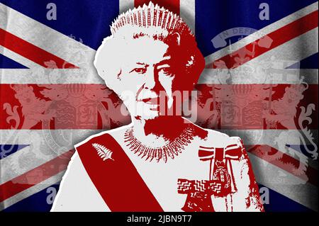 Reine Elizabeth II, armoiries et drapeau du Royaume-Uni Banque D'Images