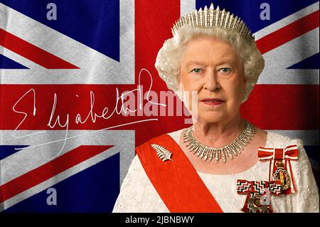 La reine Elizabeth II, signature et drapeau du Royaume-Uni Banque D'Images