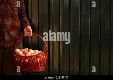 Beaucoup d'oeufs dans le panier. Jeune paysanne tenant un panier entier d'œufs biologiques bruns sur fond vert moderne. Ferme avicole. ECO-agriculture, frais e Banque D'Images