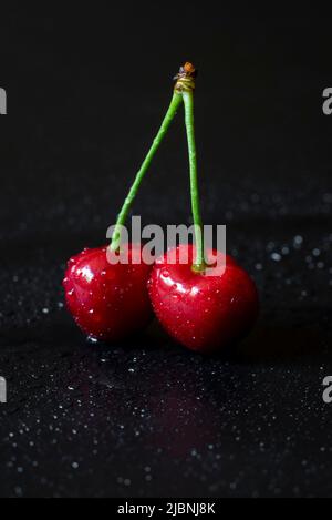 Photo en gros plan d'une paire de cerises rouges fraîches avec gouttes d'eau sur fond noir. Banque D'Images