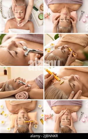 Collage avec une femme adulte recevant un massage du visage dans un salon de beauté Banque D'Images
