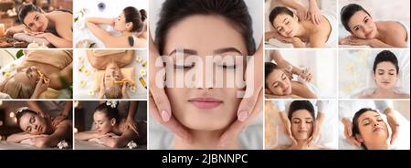 Collage avec de belles femmes recevant un massage dans le salon de spa Banque D'Images