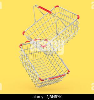 Ensemble de panier metalwire du supermarché sur fond jaune. 3d rendre le concept de l'achat en ligne et de la vente du vendredi noir Banque D'Images