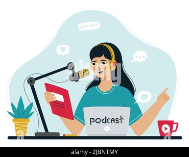 La jeune fille lit les nouvelles, parle dans le microphone, organise un podcast ou une émission en ligne. Une femme en studio enregistre un podcast. Le concept de podcasti Illustration de Vecteur