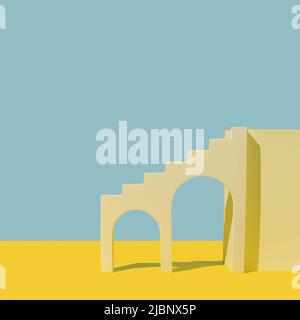 Composition créative de formes géométriques, arche avec escalier, sur fond jaune et bleu. Concept minimum été. Mise en page carrée avec espace de copie Banque D'Images