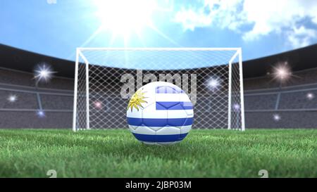 Ballon de football aux couleurs drapeau sur fond de stade ensoleillé et lumineux. Uruguay. 3D image Banque D'Images