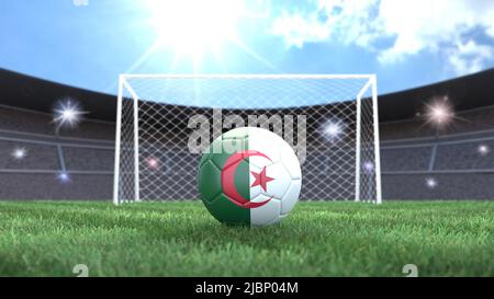 Ballon de football aux couleurs drapeau sur fond de stade ensoleillé et lumineux. Algérie. 3D image Banque D'Images