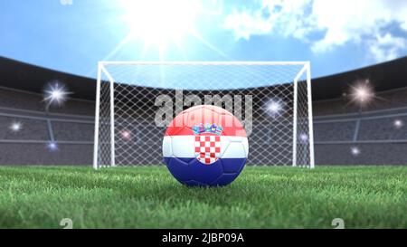 Ballon de football aux couleurs drapeau sur fond de stade ensoleillé et lumineux. Croatie. 3D image Banque D'Images