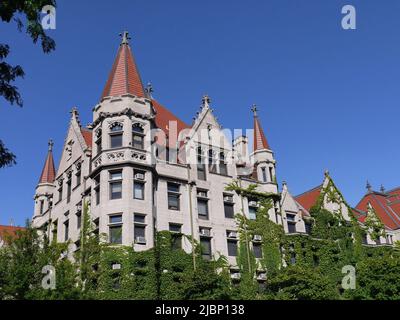 Bâtiment en pierre de style gothique couvert d'ivy, à l'Université de Chicago Banque D'Images