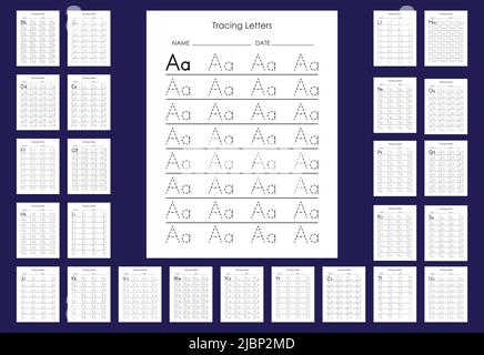 Exercice de traçage de l'alphabet lettre A à Z. page d'activité de pratique de traçage en majuscules et minuscules. Illustration de Vecteur