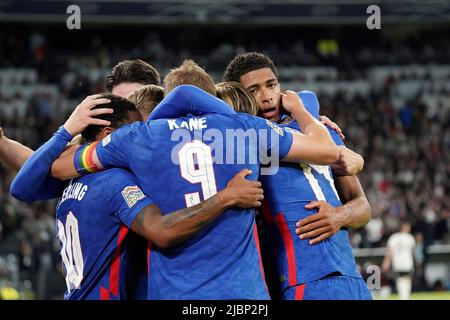 7 juin 2022, Allianz Arena, Munich, Ligue des Nations de l'UEFA Allemagne contre l'Angleterre, dans la photo Harry Kane (Angleterre) est heureux de son objectif pour 1,1 Banque D'Images