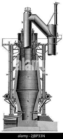 Haut-fourneau anglais en coupe transversale. Publication du livre 'Meyers Konversations-Lexikon', Volume 2, Leipzig, Allemagne, 1910 Banque D'Images