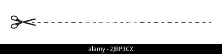 Icône en forme de ciseaux avec ligne en pointillés ici. Pictogramme graphique pour coupon, coupon, étiquette en tissu, loterie, billet, page papier. Illustration vectorielle simple isolée sur fond blanc Illustration de Vecteur