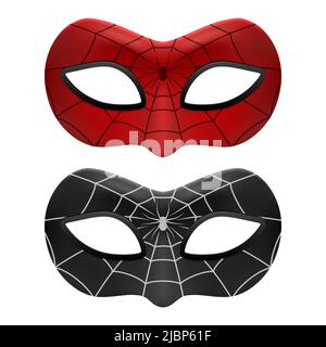 Vector 3D Reaistic Superhero Spider Mask Icon Set isolé. Vecteur. Masque rouge et noir Super Hero face Carnival avec toile d'araignée et gros plan Spider Illustration de Vecteur