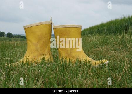 Bottes en caoutchouc jaunes laissées au milieu du champ. Bottes en caoutchouc qui restent sur l'herbe Banque D'Images