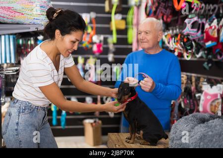 Femme et vieil homme choisissant collier pour chien Banque D'Images