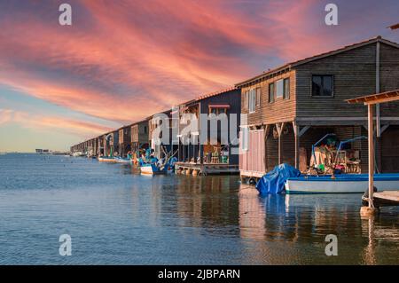 Cabanes de pêcheurs, algue à Axios River delta Banque D'Images