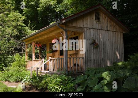 Atelier en bois et abri de stockage avec toit en tôle rouge dans le jardin au printemps. Banque D'Images