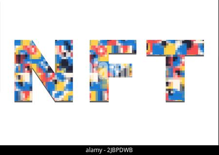 Signe NFT de pixel multicolore sur fond blanc isolé. Nouvelle tendance pour les investissements futurs et les bénéfices virtuels. Concept de jetons non fongibles NFT. Découpe Banque D'Images