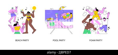 Jeu d'illustrations vectorielles abstraites d'événements d'été. Fête de plage, danse de piscine, divertissement de fête de mousse, maillots de bain, bikini, piste de danse, cercle gonflable flamant métaphore abstraite. Illustration de Vecteur