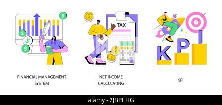 Jeu d'illustrations vectorielles abstraites de bénéfices d'entreprise. Système de gestion financière, calcul du revenu net, mesure de la réussite des indicateurs clés de performance, croissance de l'entreprise, planification budgétaire, métaphore abstraite du tableau de bord. Illustration de Vecteur