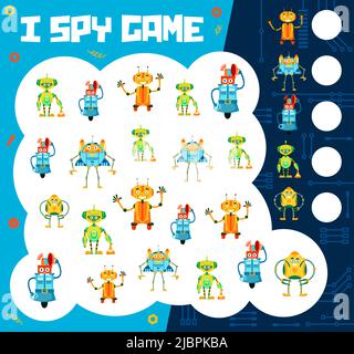 Dessin animé drôle robots I Spy jeu feuille de travail, puzzle vectoriel pour les enfants. Jeu d'énigme de table pour trouver et faire correspondre les jouets de robot drôle, les robots android et les cyborgs électroniques avec des roues dentées sur la carte mère Illustration de Vecteur