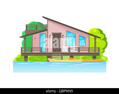 Extérieur moderne avec terrasse et bateaux garés. Chalet en bois de lac ou de rivière sur des piles vecteur maison ou bungalow. Façade de manoir de dessin animé architecture, villa avec canoë Illustration de Vecteur